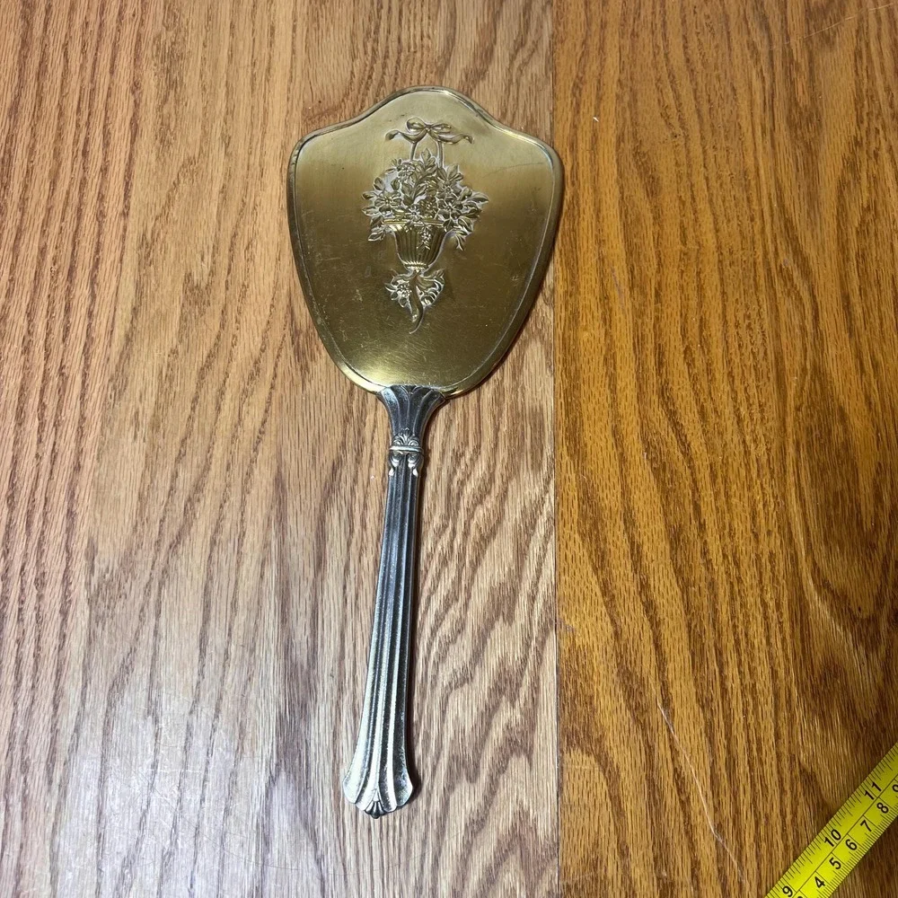 Vintage Hand Mirror Brass Floral Vanity Mirror Ornate Flower Basket Boudoir Dec